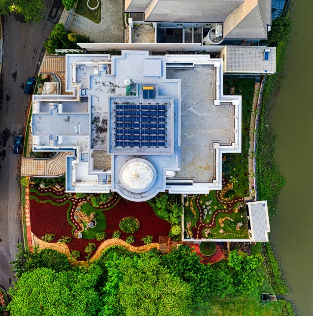 this aerial view shows the building and surrounding landscaping