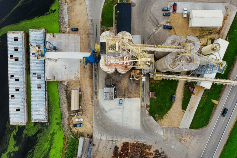 an aerial view of an industrial area with machinery