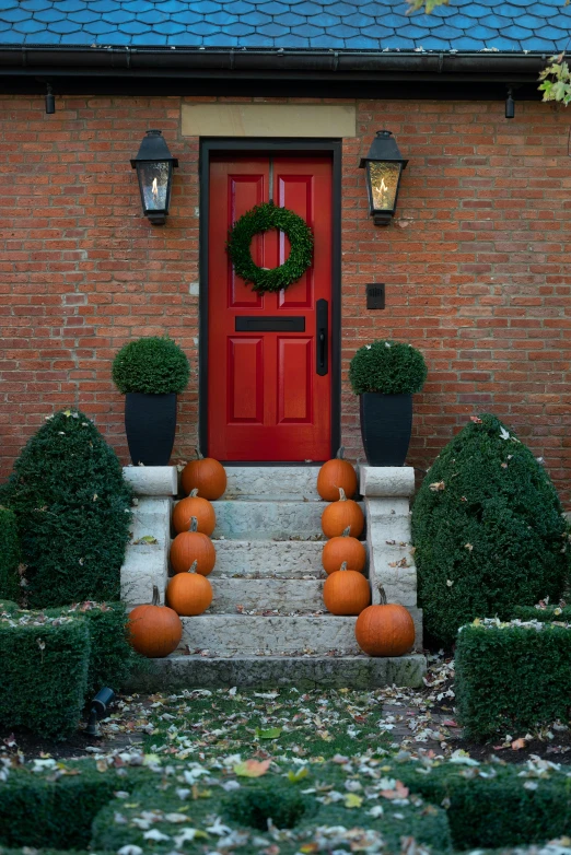 a door way with potted plants and pumpkins