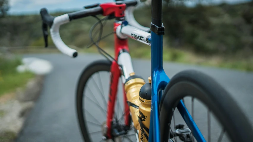 a close up view of a bike with its front wheel in front of it