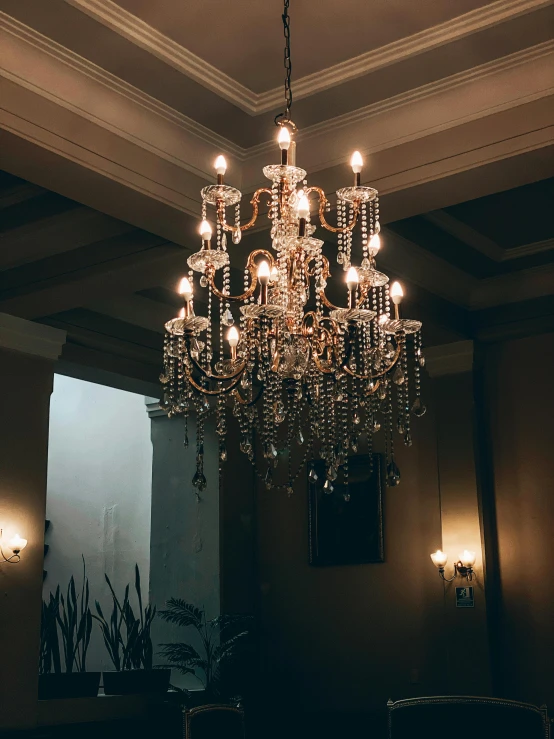 an ornate chandelier hangs from the ceiling