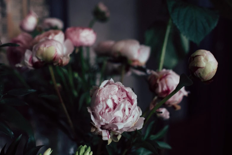 a large bouquet of pink roses sits near a vase with dark foliage