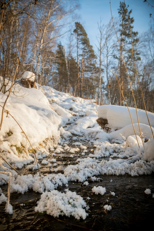 a small stream is covered in snow with water running through it