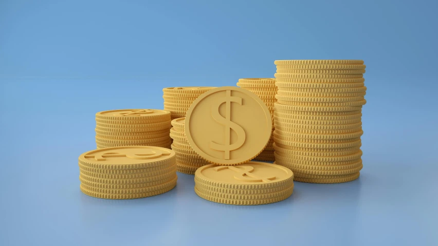 coins are piled next to a coin - like image