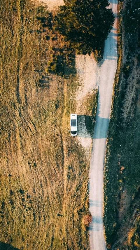 an aerial view shows a white van on a road