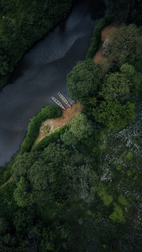 top view of a river with a couple of wooden posts