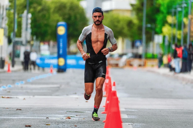 a man is running down the street in his underwear