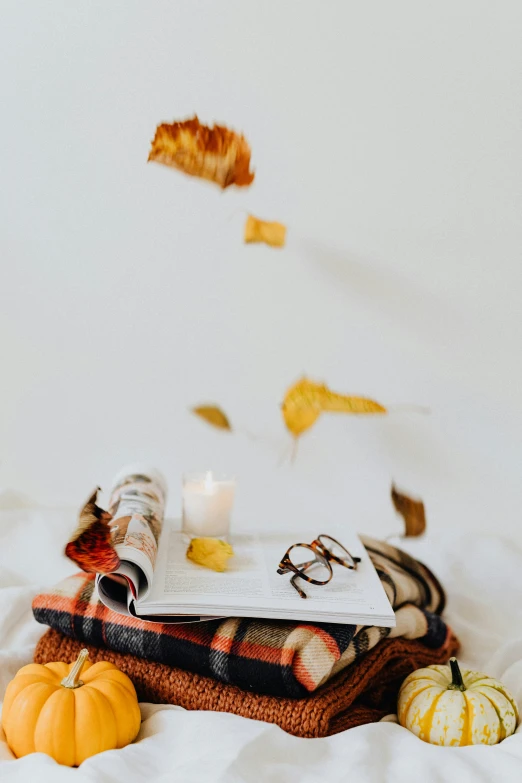 fall decorations on top of books and glasses sitting on a bed