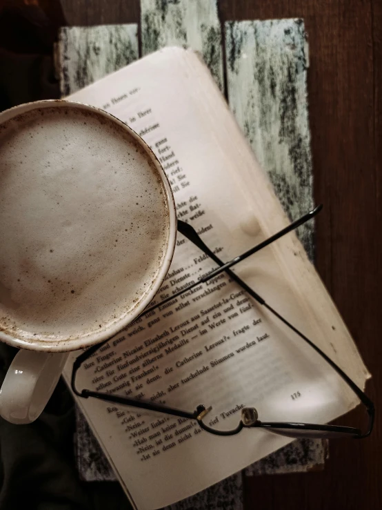 the book is on top of the coffee mug