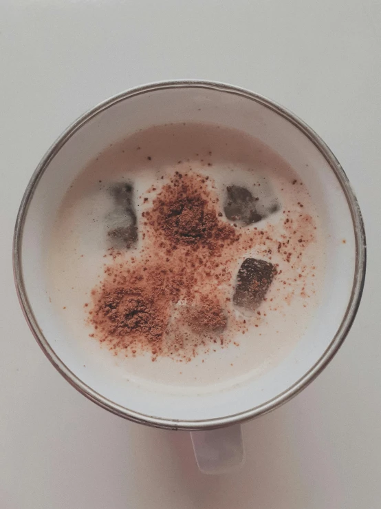 a cup of a  beverage with cinnamon chunks