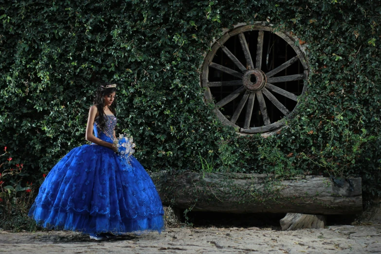 a woman in blue is standing in front of bushes