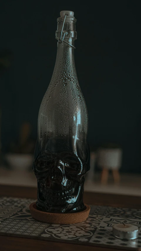 there is a bottle with a skeleton in it