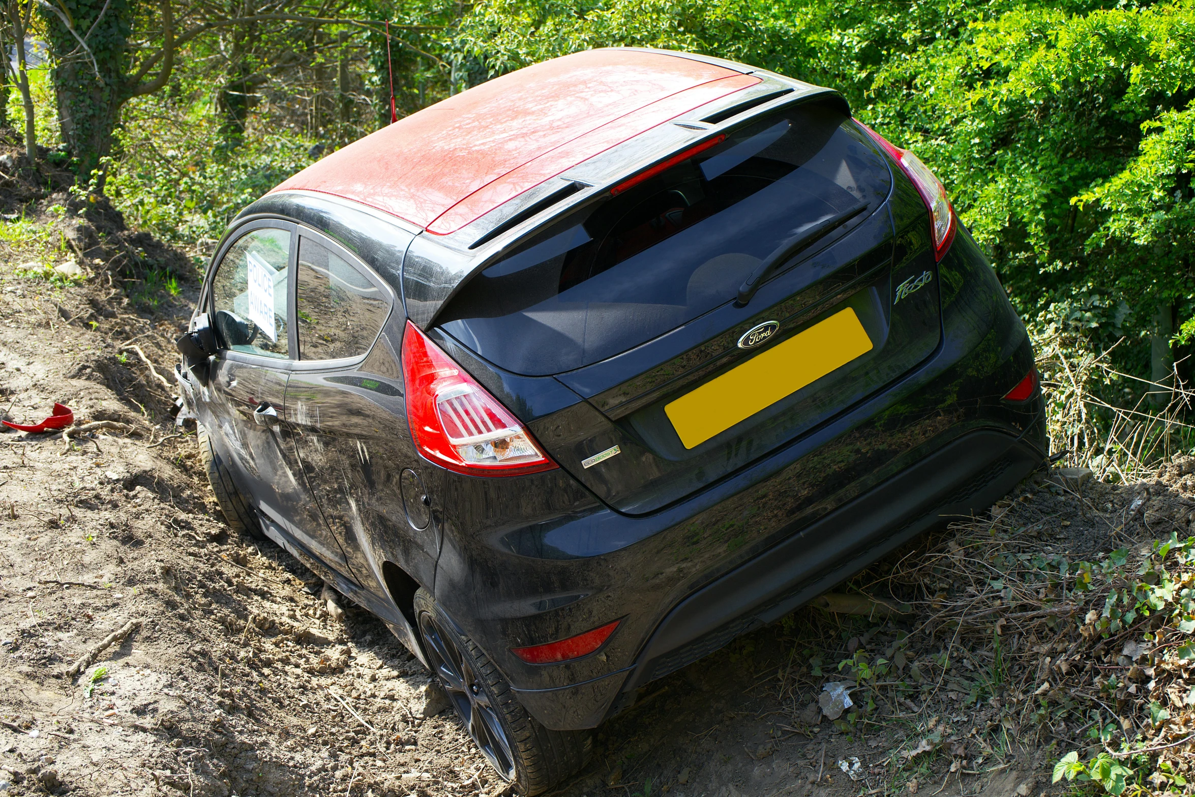 a car is in the mud in front of a forest