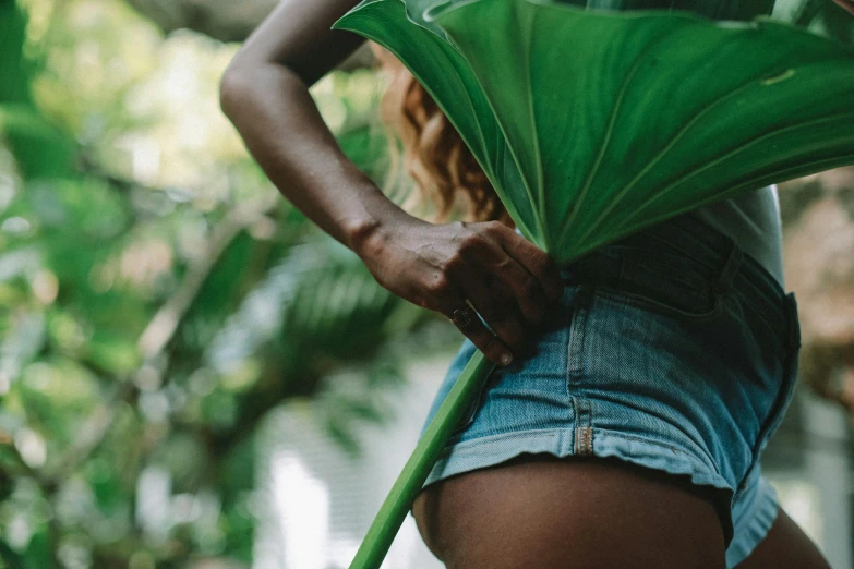 a woman holding onto a green leaf while wearing a jean shorts