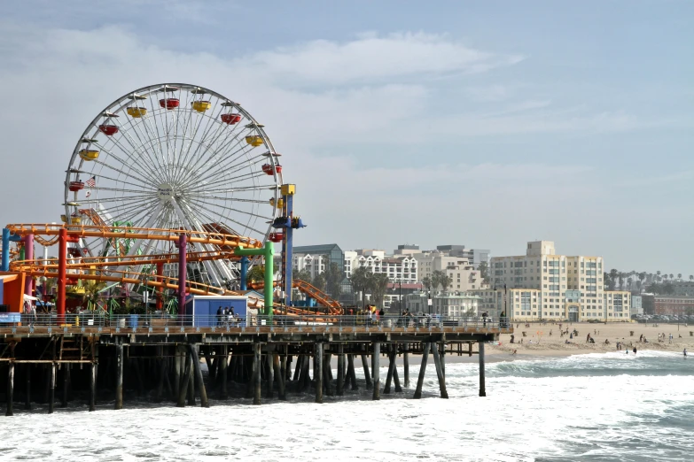 the pier on the beach has two large rides