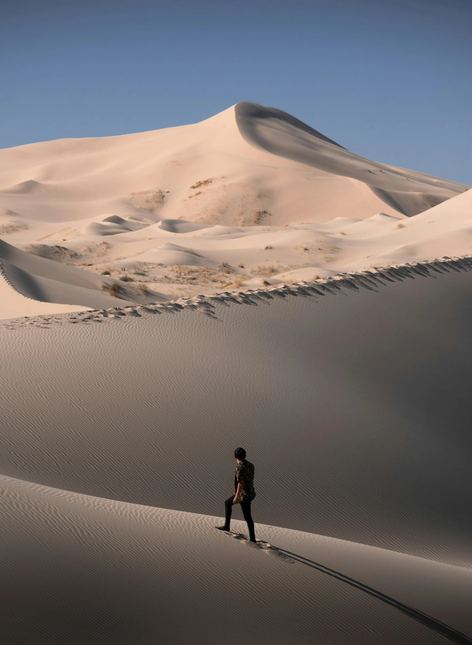 a person standing in the desert near a big, tall sand dune