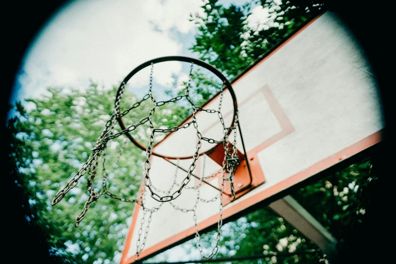 a basketball hoop is tangled to be used for a game