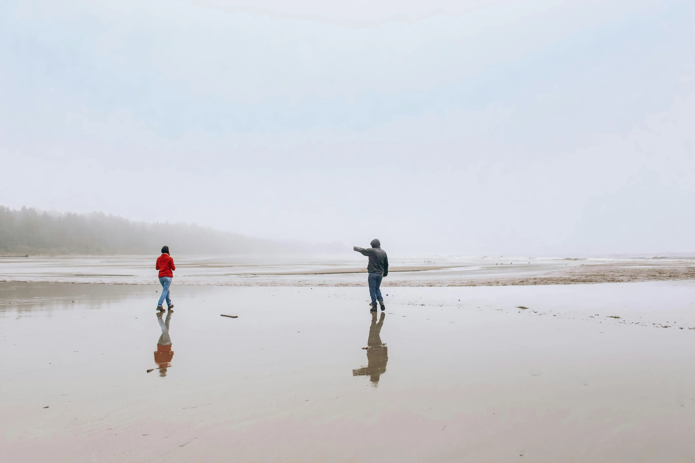 the two people are flying kites on the beach