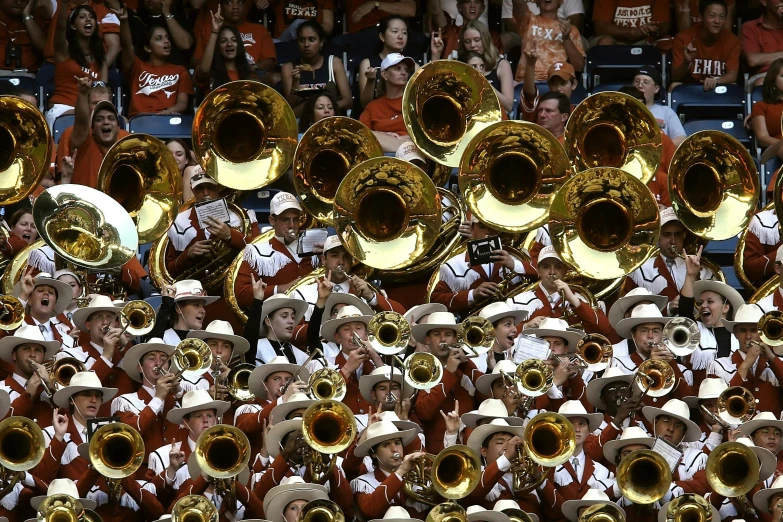 a group of men and women in uniform on field with musical instruments