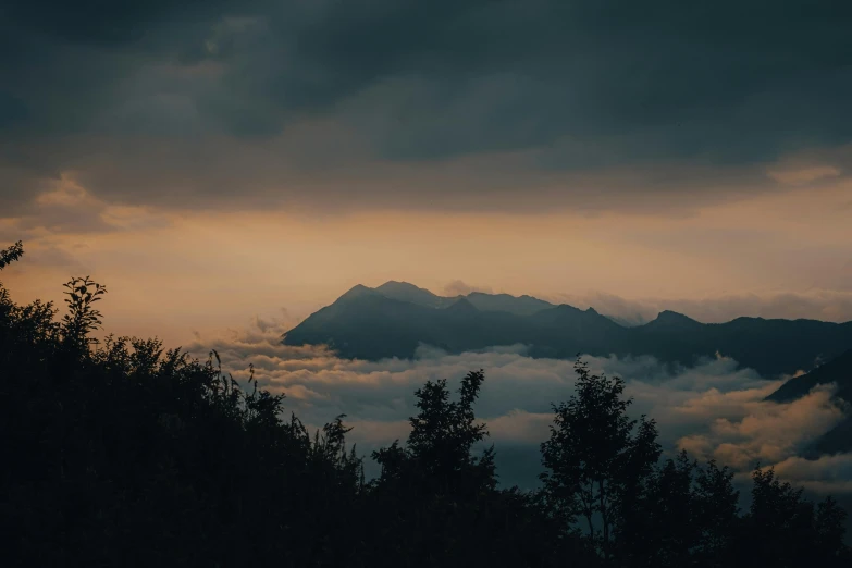 a view of mountains is seen over a dark forest