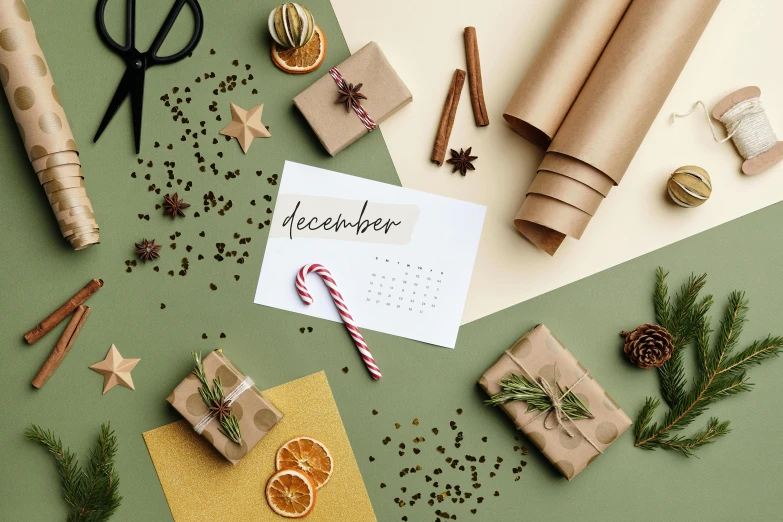 presents laid out on a green background for christmas