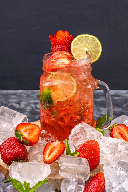 a mason jar of iced strawberry lemonade
