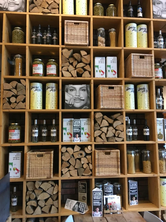 a shelf filled with lots of wooden items