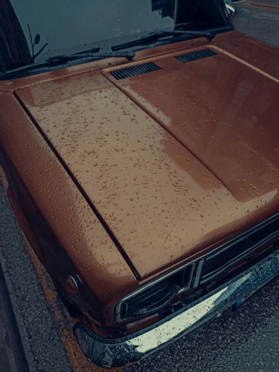a brown pickup truck with the hood covered in rain drops