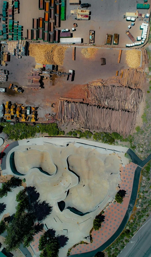 an overhead view of a skateboard park area