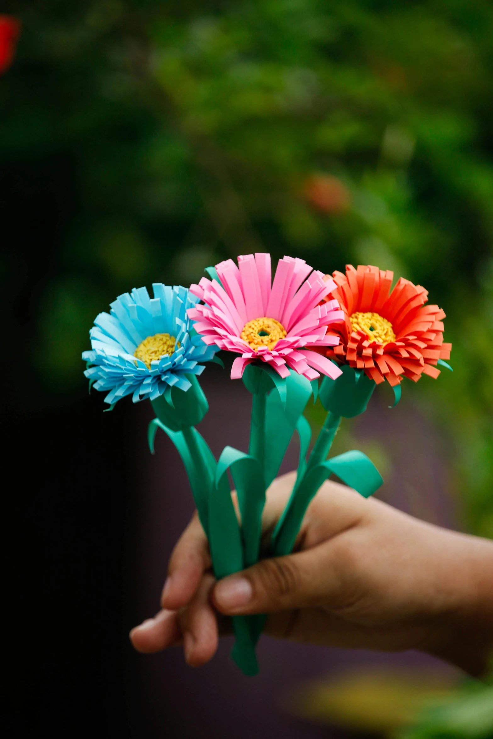 hand holding flower with one being a flower from another