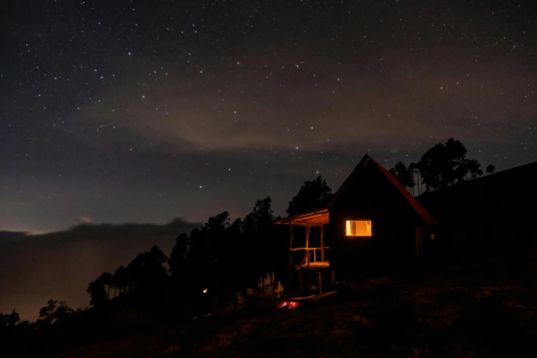 the stars are visible in the sky over the cabin