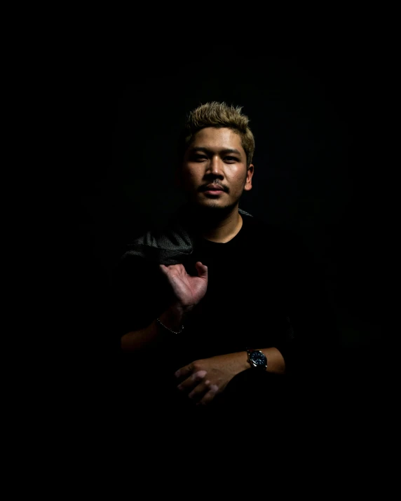 a man is posing for a portrait while wearing black