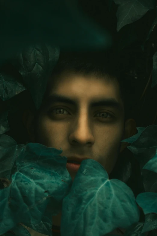 the boy hides in the green leaves with his mouth