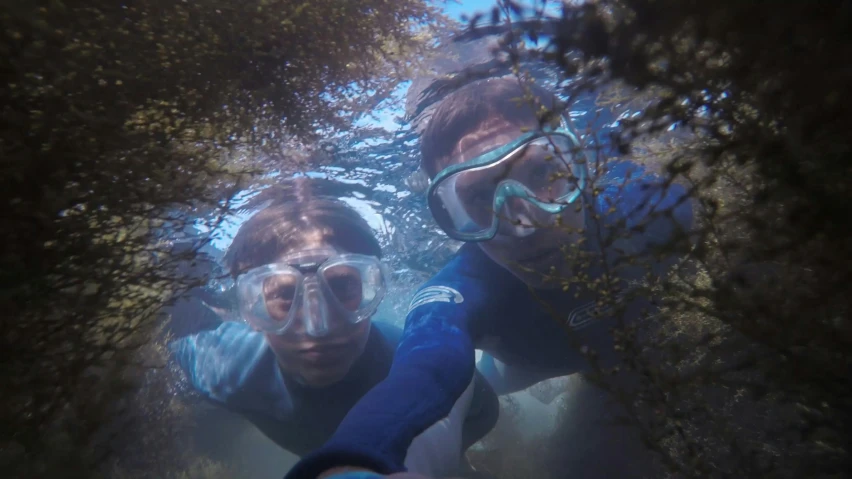 a couple of people in glasses are underwater