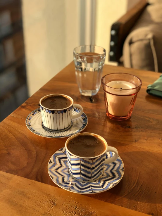 a close up of a couple of coffee cups and saucers