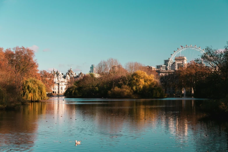 a beautiful view of a lake in the city