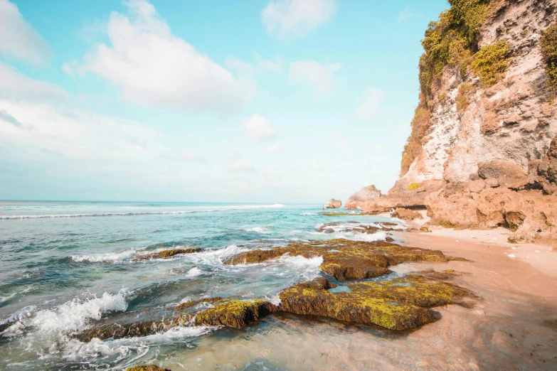 a rocky beach with the ocean below it