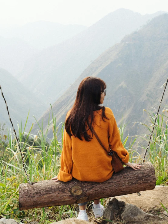 a girl sitting on top of a log looking over the valley