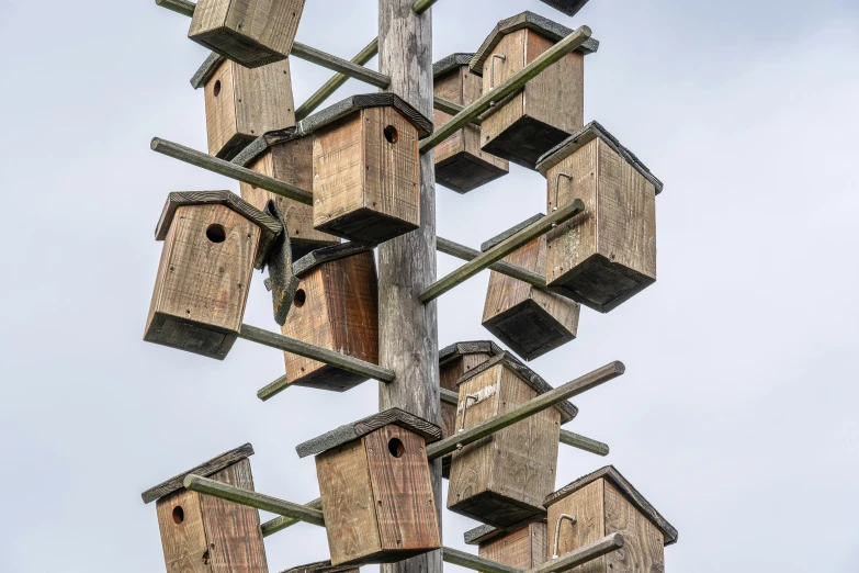 a very tall bird house with lots of birds in it