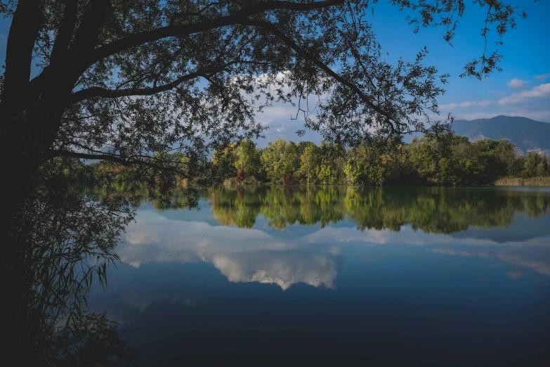 a blue lake with trees reflected in it