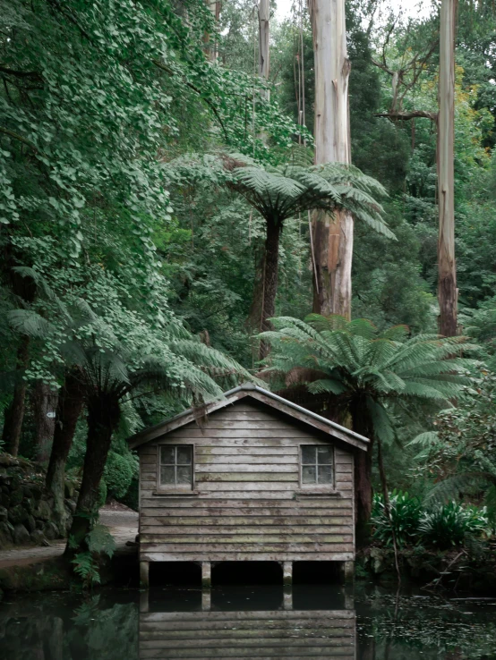 there is a boathouse and house in the water