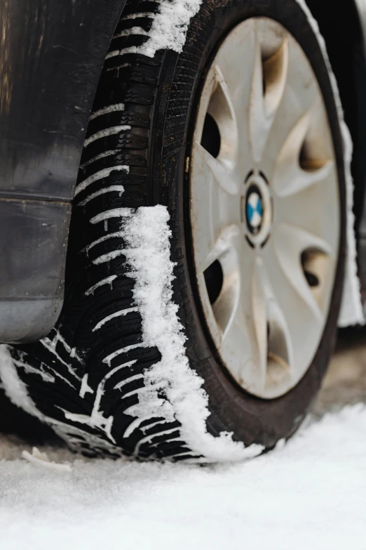 the snow covered tires of a car