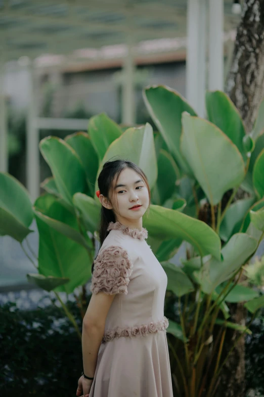 an asian woman wearing a pink dress standing by some green leaves