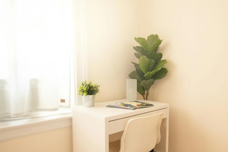 a white desk in the corner of a room