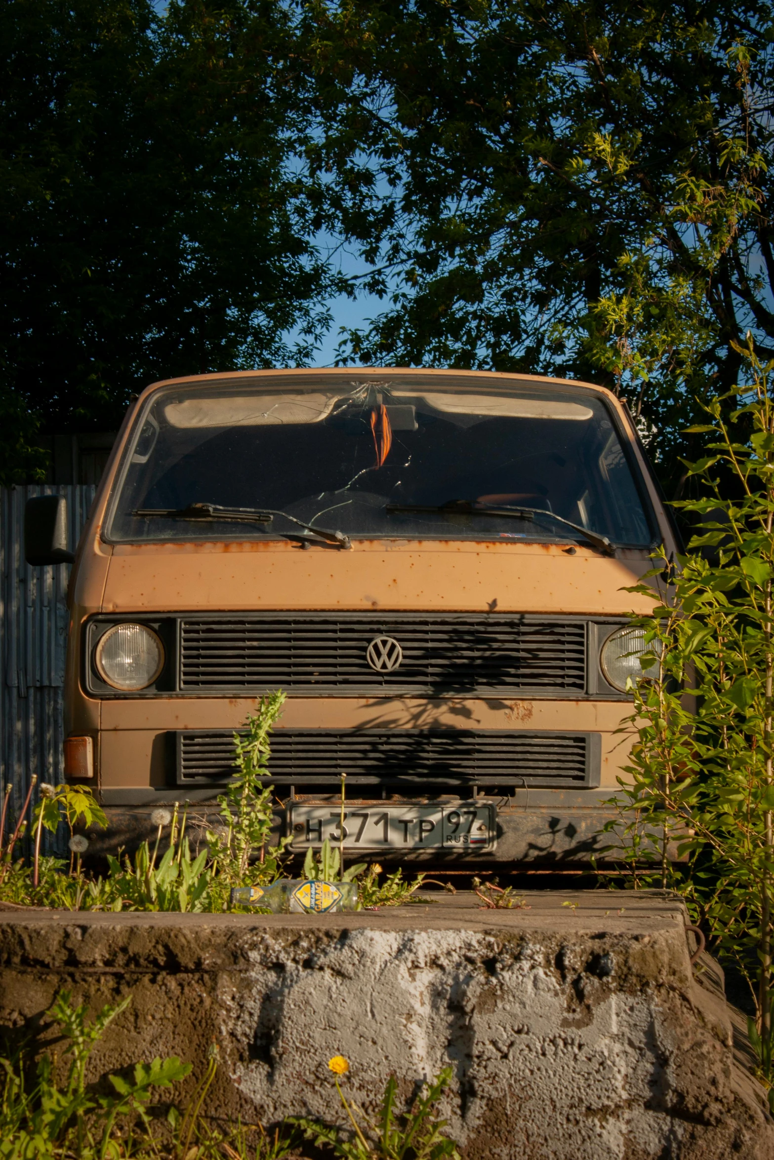 an old van parked next to some weeds and trees