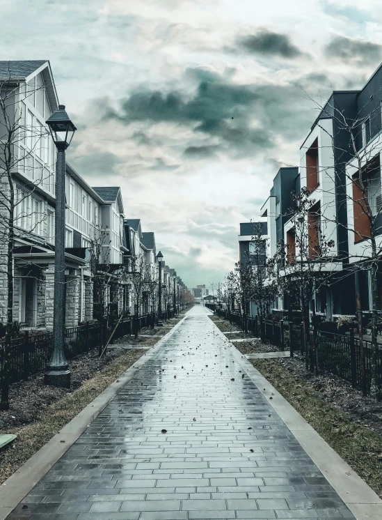 long view down empty urban street in cloudy weather