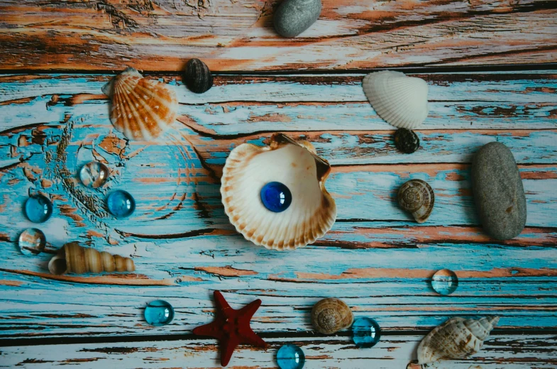 several sea creatures decorate the table with stones, shells and glass beads