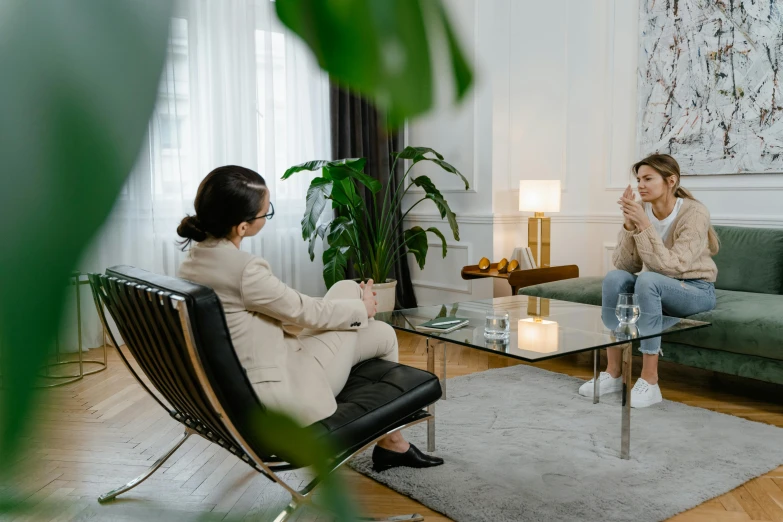 two women talking and having conversation in a room