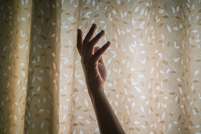 a hand reaches up into a curtain to get inside