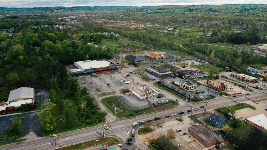 a bird - eye view of an urban area showing trees and buildings